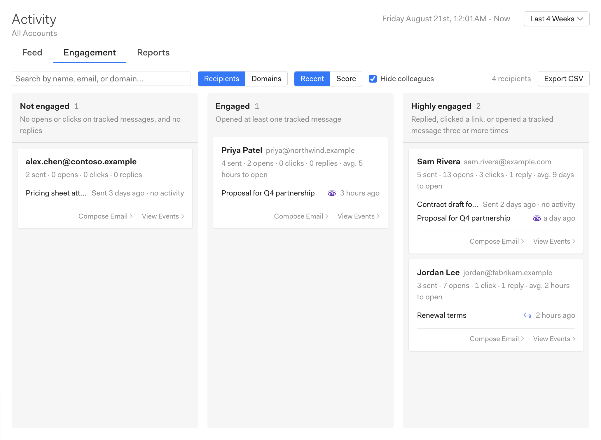 The Engagement tab showing three columns of recipient cards