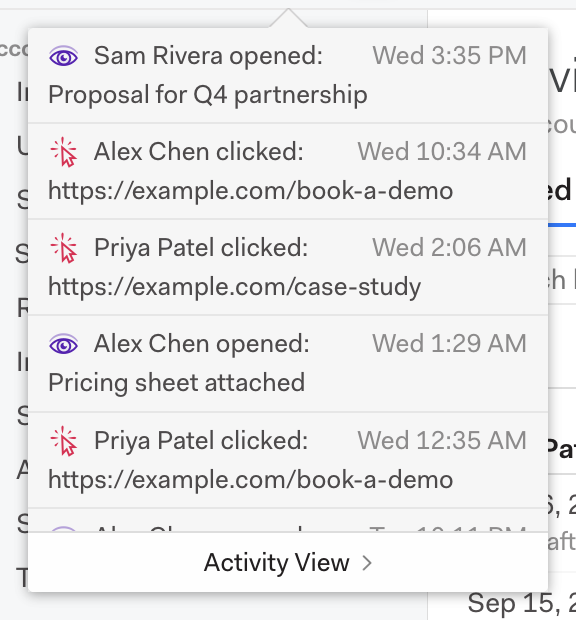 The recent activity popover with an Activity View link