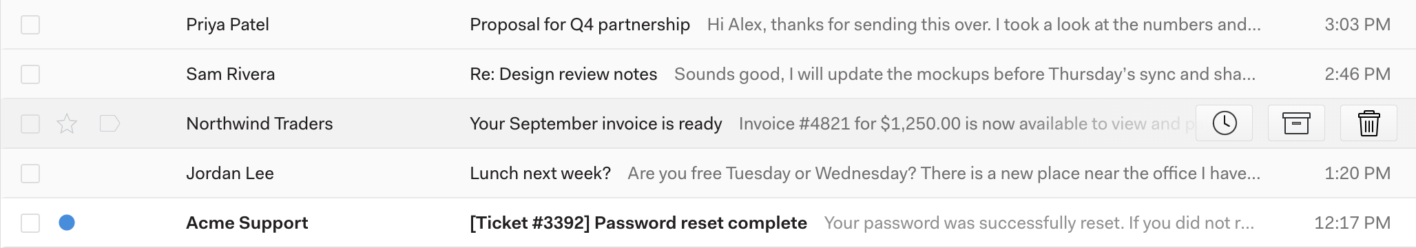 Snooze icon revealed by hovering over a message in the inbox