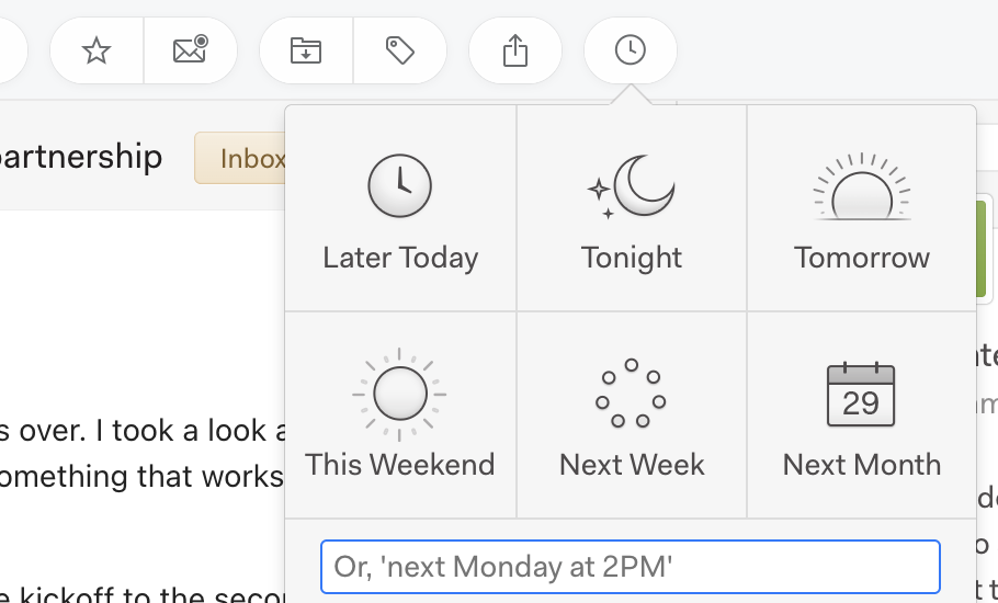 Snooze icon in the toolbar above an open message